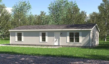 Single-story Housten Perk house with gray siding, a dark roof, and white trim, situated in a grassy yard with trees in the background. Gravel pathway leading to the front door.