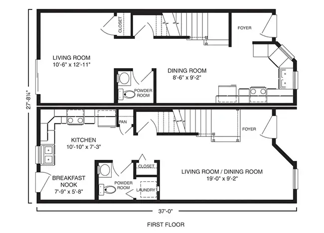 A floor plan of the first floor features two living areas, a dining room, a kitchen, a breakfast nook, two closets, a laundry room, and two powder rooms. The layout measures 27'-8" by 37'-0".