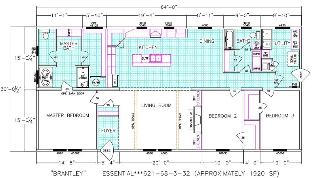 The floor plan of the Brantley house by Houston Brantley Manufactured Homes features a master bedroom, two additional bedrooms, a master bath, two bathrooms, a kitchen, dining area, living room, utility room, and foyer.