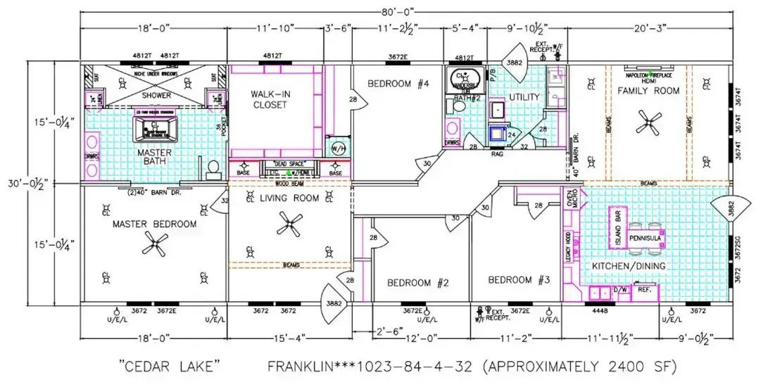 Blueprint floor plan of the single-story "Houston Cedar Lake" home with 3 bedrooms, master suite, 2.5 bathrooms, living room, family room, kitchen/dining area, and mechanical room, totaling approx. 2400 sq ft.