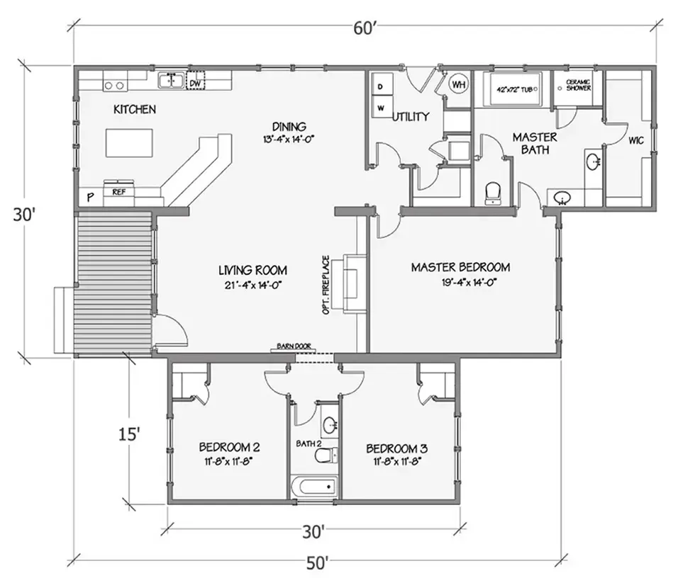 The floor plan of this charming single-story home, presented by Houston Azalea Properties, includes a kitchen, dining area, living room, master bedroom with en-suite, two additional bedrooms, two bathrooms, utility room, and a welcoming porch. Dimensions are clearly marked for your convenience.