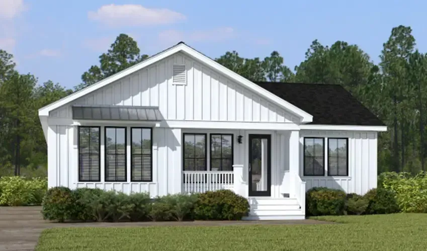 Single-story house with light-colored siding, a front porch with white railings, and steps leading to a gray front door. There are two large front windows and bushes with yellow flowers in the yard. Ideal for those seeking modular homes in North Carolina, this charming residence offers both style and comfort.