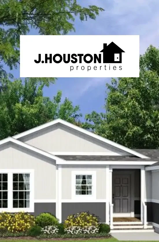 A single-story house with a light gray exterior and dark gray trim. The front features a small porch and a door. The J. Houston Properties logo is displayed at the top of the image