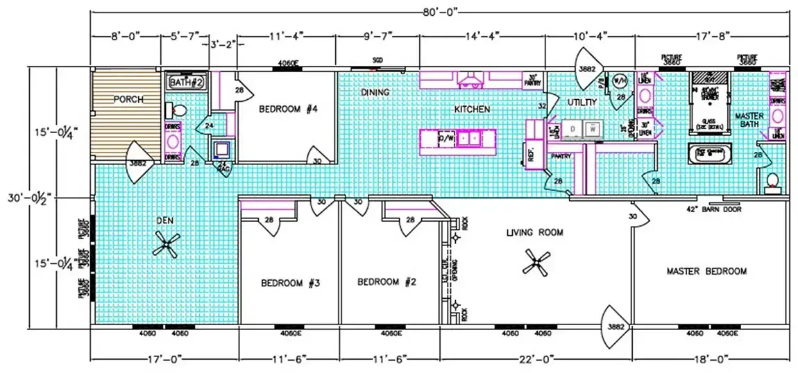 The Houston Apex Manufactured Home floor plan includes a living room, kitchen, dining area, utility room, den, four bedrooms, two bathrooms, and a porch. Dimensions and placements of doors and windows are clearly shown for easy navigation.