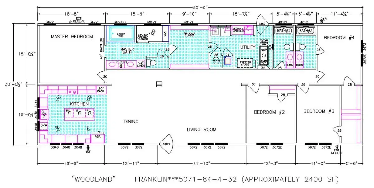 Blueprint floor plan of a Houston Woodland Manufactured Home labeled "WOODLAND FRANKLIN 5071-84-4-32," approximately 2400 sq ft, showing 3 bedrooms, 2 bathrooms, kitchen, dining room, living room, utility room, and master suite.