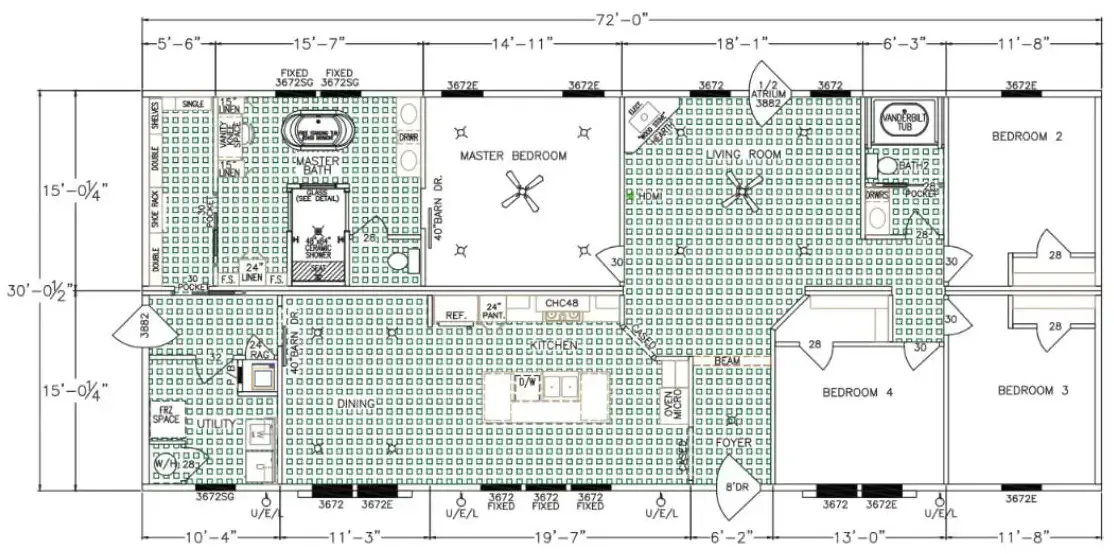 Blueprint layout of a Houston Shoreline Manufactured Home showing dimensions, various rooms labeled as Master Bedroom, Bedrooms, Living Room, Kitchen, Dining Room, Bathrooms, and utility spaces with doors and windows marked.