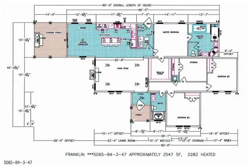 Architectural blueprint of a Houston Nandia manufactured home showing detailed measurements, floor plan, and room layouts. Includes spaces like kitchen, living room, bedrooms, bathrooms, and porches. Total area: 2547 sq ft.