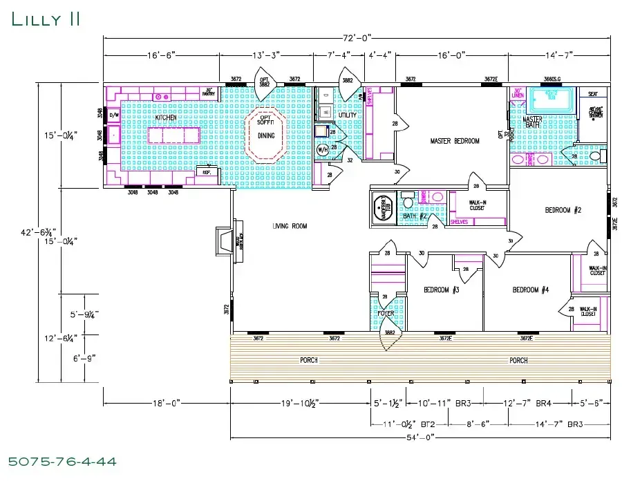 A floor plan labeled "Lilly II" from J Houston Properties showcases a layout of this manufactured home with a porch, living room, kitchen, dining area, master bedroom with an en-suite bathroom, three additional bedrooms, one guest bathroom, and utility room.