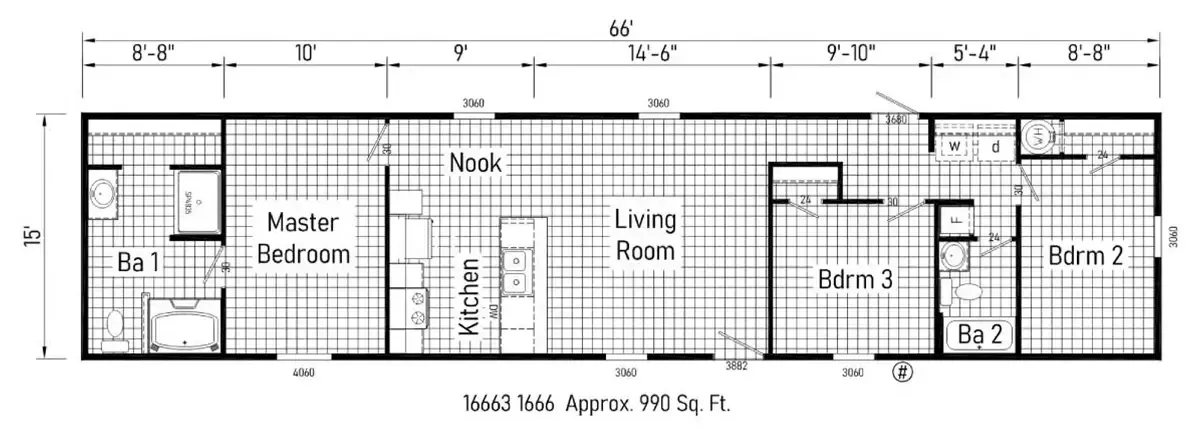 Floor plan of a 66' x 15' house with approximate 990 sq. ft. area. Layout includes a master bedroom with en suite bathroom, two additional bedrooms, another bathroom, kitchen, nook, and living room.