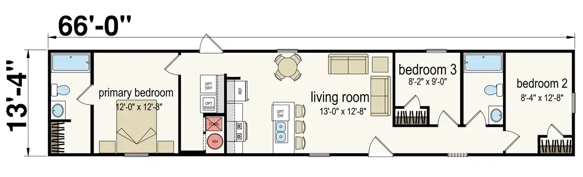 A floor plan of a 66 by 13.4-foot layout from J Houston Manufactured Homes Properties, featuring a living room, kitchen, primary bedroom with a bathroom, two additional bedrooms, and a second bathroom.