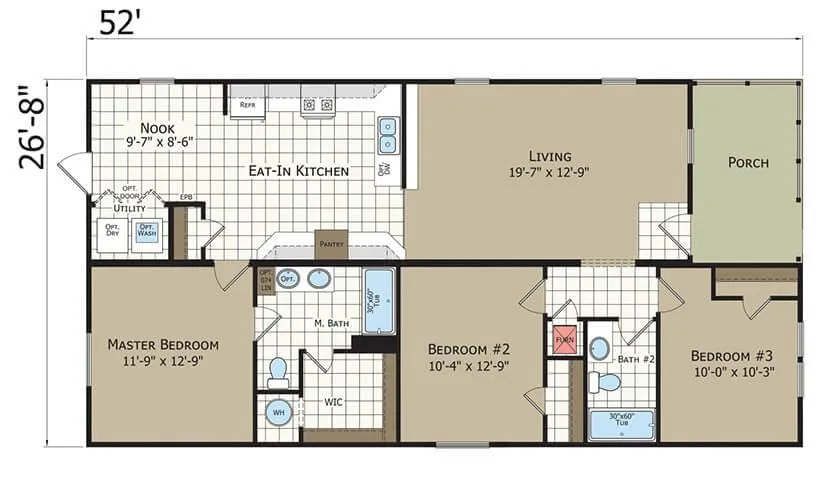 A floor plan of a Houston Manufactured Home showcases a single-story layout with an eat-in kitchen, living room, three bedrooms, two bathrooms, and a porch. The home's dimensions are 52 feet wide by 26 feet 8 inches long. A detailed map of the property highlights its spacious yet efficient design.