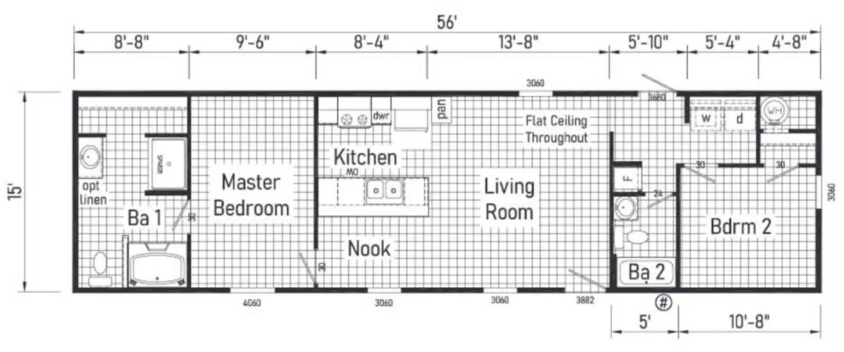 Blueprint of a rectangular 15' x 56' J Houston Modular Homes house with a master bedroom, second bedroom, two bathrooms, kitchen, nook, and living room. Key measurements and fixtures are labeled throughout the map.