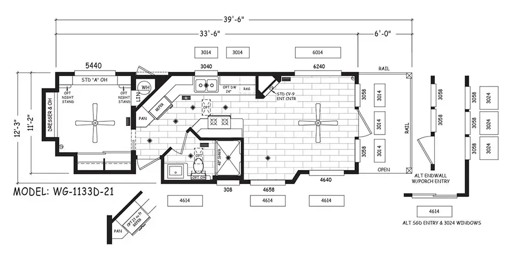 A detailed floor plan of a mobile home model WG-1133D-21 by J Houston Park Homes, showing the layout, measurements, and positions of various rooms and features including bedrooms, bathrooms, kitchen, and living area.