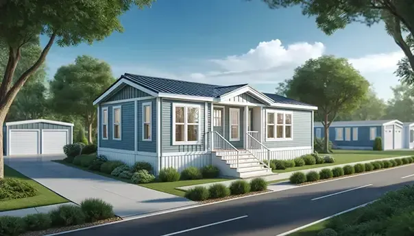 Single-story blue house with white trim, surrounded by a well-kept lawn and trees, featuring a front porch with steps leading down to a sidewalk adjacent to a paved street. Detached garage in the background.