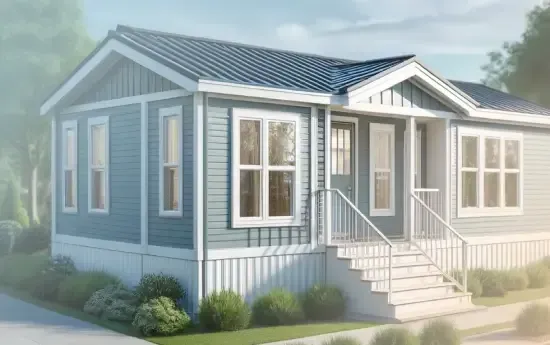 A small, light blue manufactured home with white trim and a metal roof, ideal for affordable home solutions. It features large windows and a set of white stairs leading to the front door. The landscaping includes shrubs and grass.