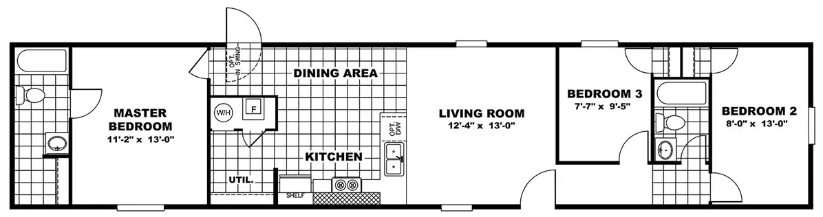 Floor plan of a house featuring a master bedroom with an en-suite bathroom, two additional bedrooms, a shared bathroom, a kitchen, a dining area, a living room, and a utility room.