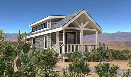 A small house with a front porch, set in a desert landscape with cacti and shrubs, against a backdrop of mountains under a clear blue sky, reminiscent of the serene ambiance found at Houston Loft Park Homes.