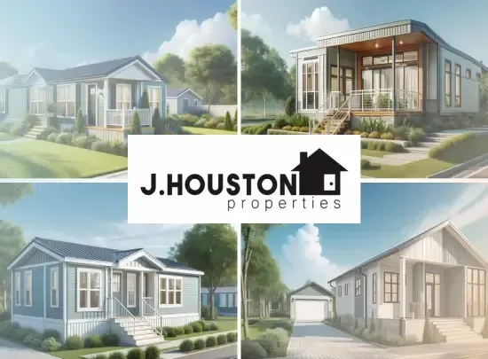 A collage of four modern home exteriors with a central logo "J. Houston Properties" showcases Park Homes and Modular Homes, epitomizing the elegance and innovation offered by the real estate company.