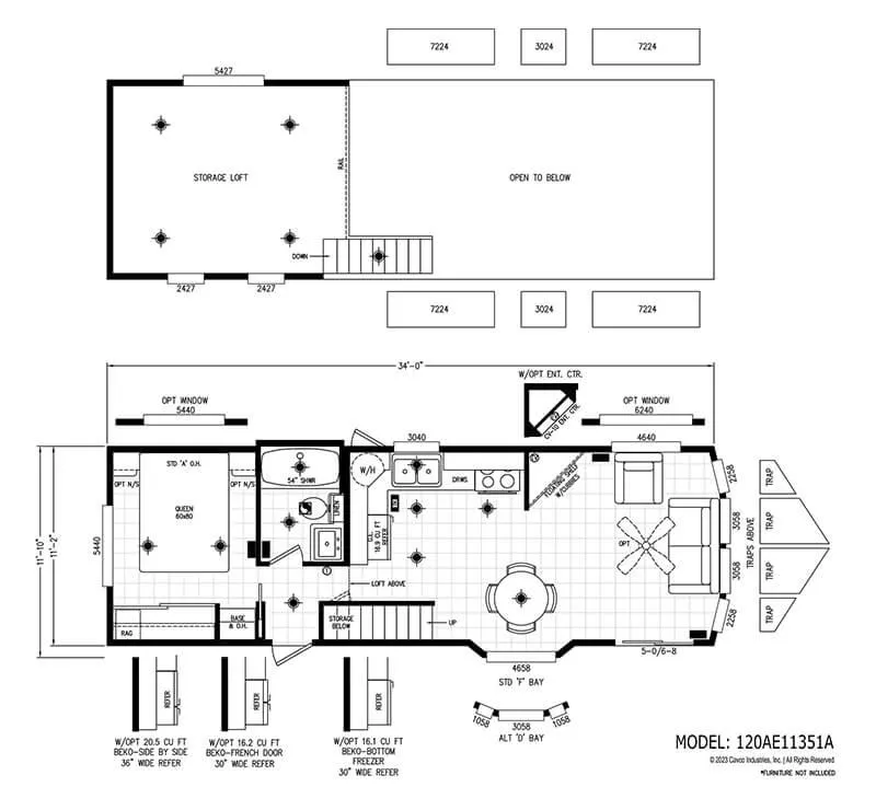 Architectural floor plan of a house model 120AE11351A showing main floor layout with dimensions, including kitchen, living area, bathroom, bedroom, and a storage loft area above.