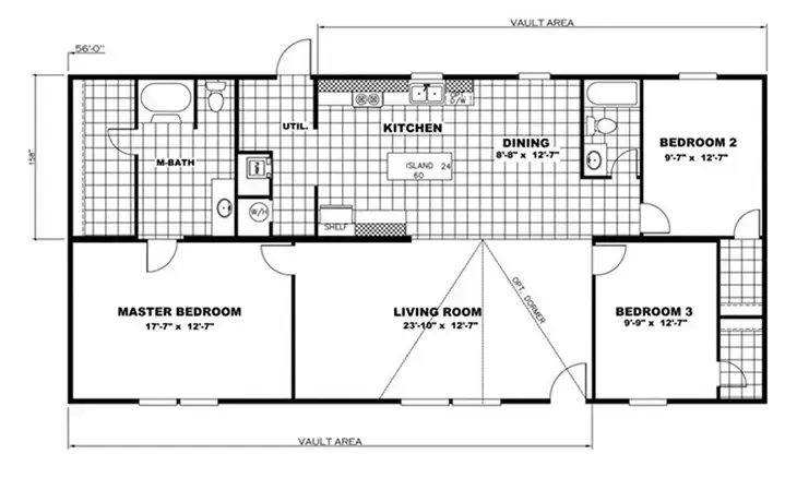 A black and white floor plan of a house featuring a kitchen, dining area, living room, master bedroom with bath, two additional bedrooms, and a utility room.