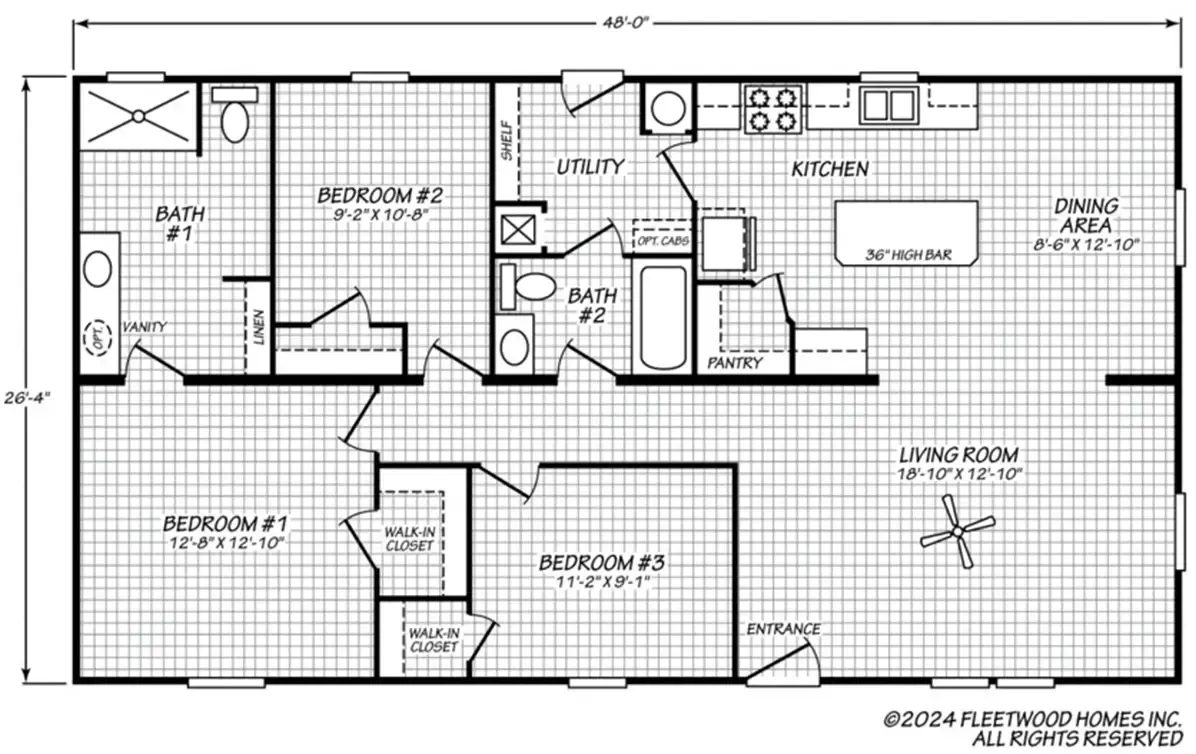 A floor plan of a home showing three bedrooms, two bathrooms, a utility room, kitchen, dining area, and living room. The dimensions and layout details are labeled.