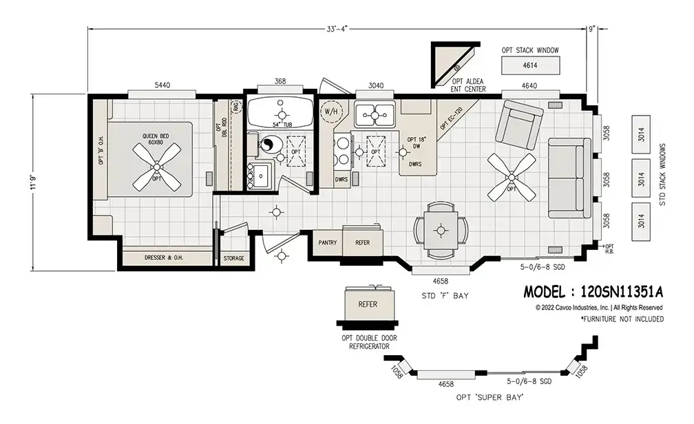 Floor plan for a model home labeled "MODEL: 12DSN11351A" featuring a living room, kitchen, dining area, bedroom, bathroom, and optional features like a snack window and bay windows. Check the Houston Manufactured Homes Map for its location.