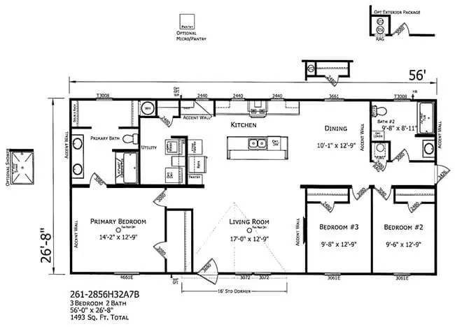 Black-and-white J Houston Properties Map showcasing a floor plan of a 3-bedroom, 2-bathroom home measuring 56' by 26'-8". The layout includes a kitchen, dining area, living room, primary bedroom with attached bath, and two additional bedrooms.