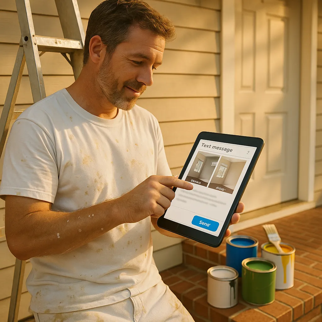 A painter sending a text message with before and after photos from a tablet on the worksite.