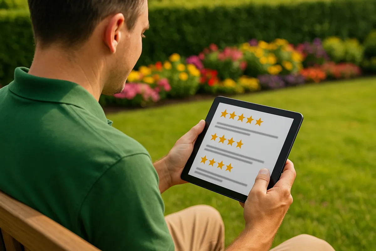 Landscaper review his google reviews on a tablet
