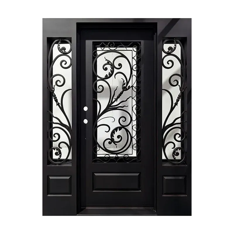 Slim modern iron entry door with vertical glass panel