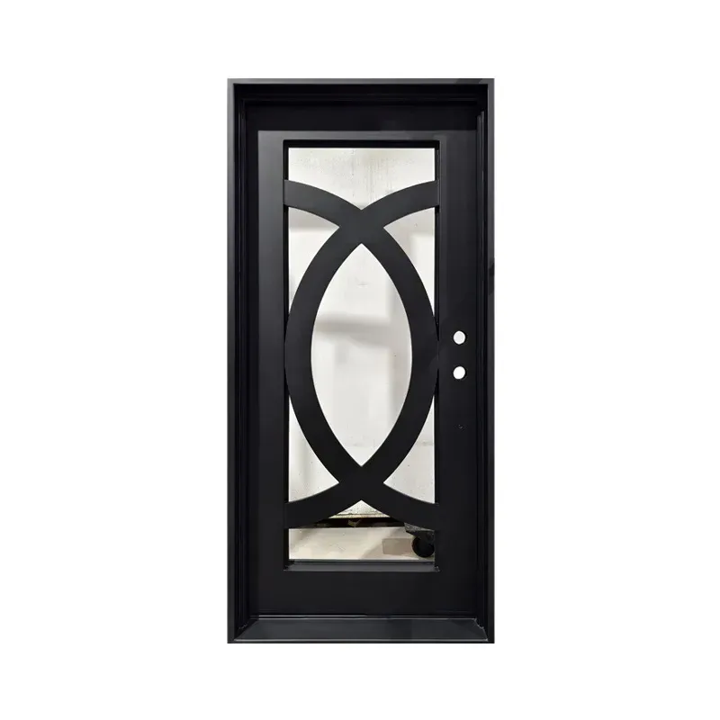 Iron double door with geometric grille and clear glass