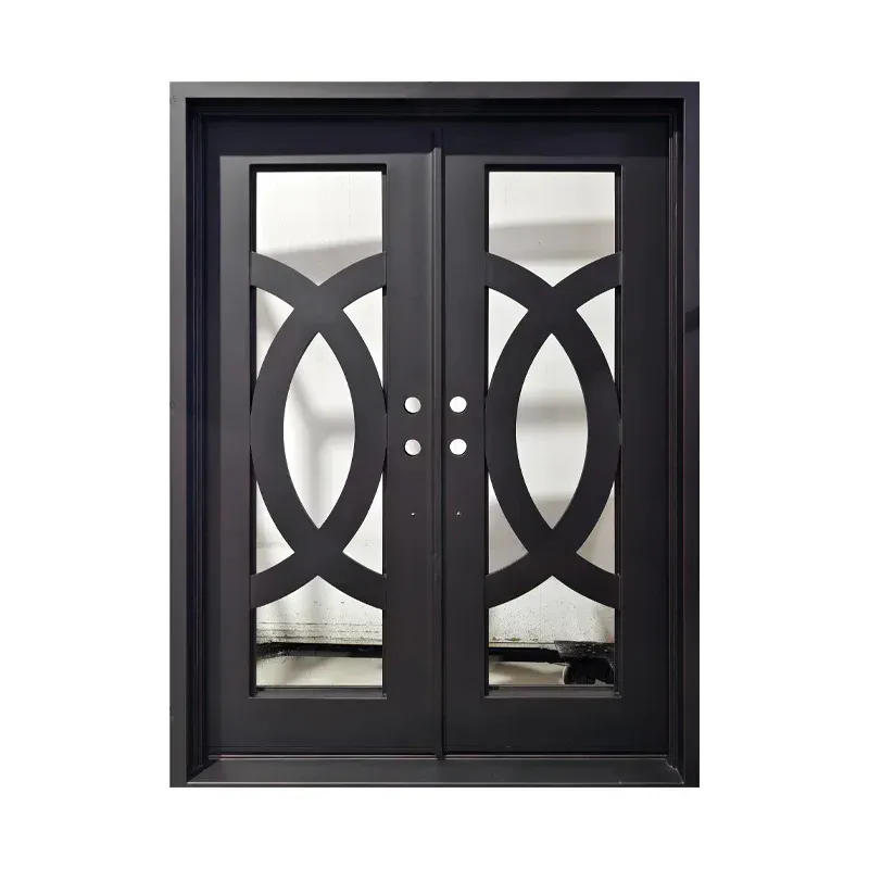 Iron entry door with decorative scroll and privacy glass