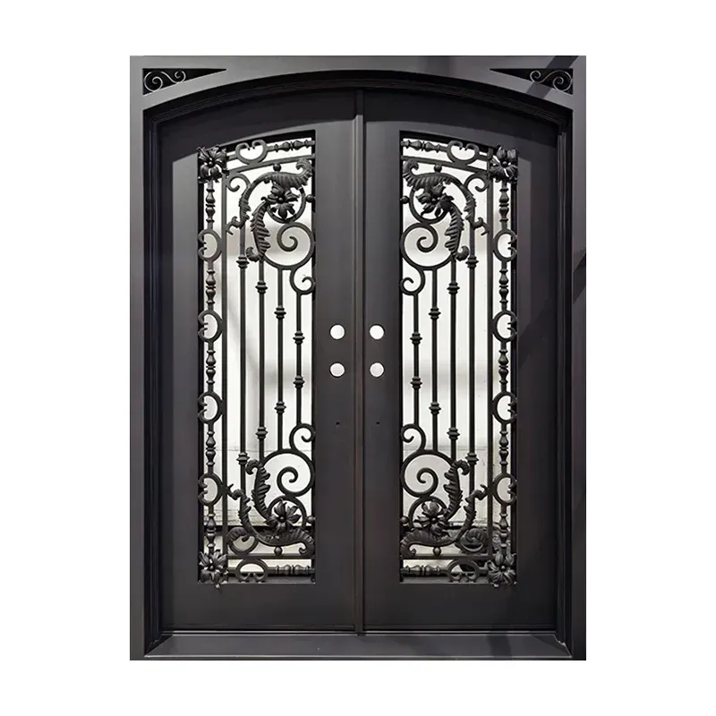 Iron double door with full glass and slim grid pattern