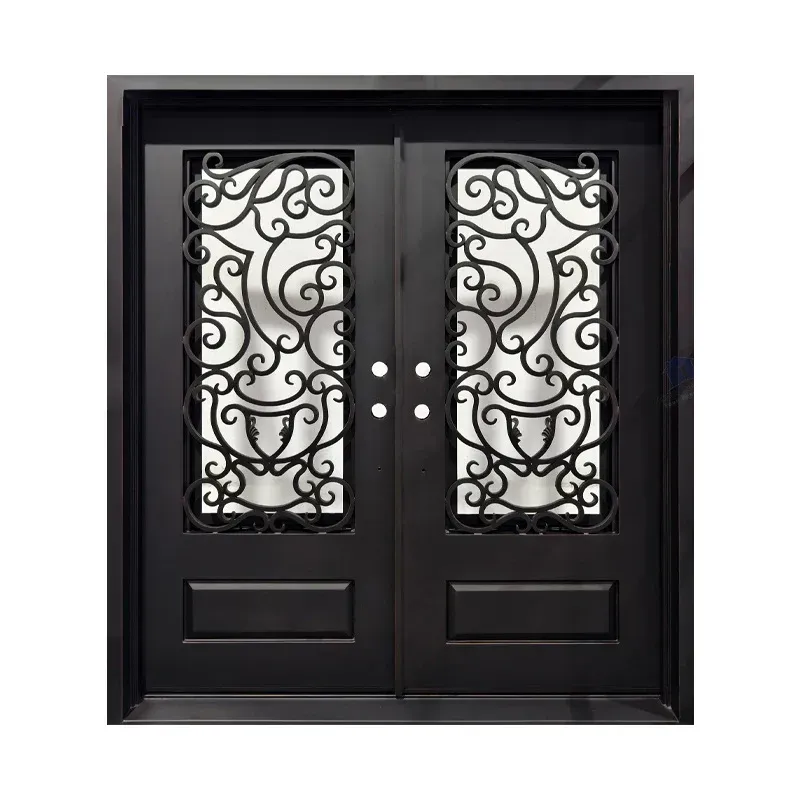 Iron pivot entry door with large glass panel