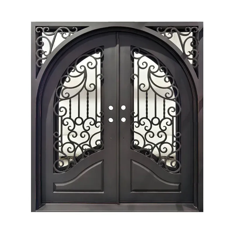 Iron double door with full glass and slim grid pattern