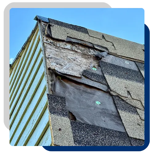 Storm-damaged roof in Moline, IL, waiting for fast inspection and repair after severe weather. 