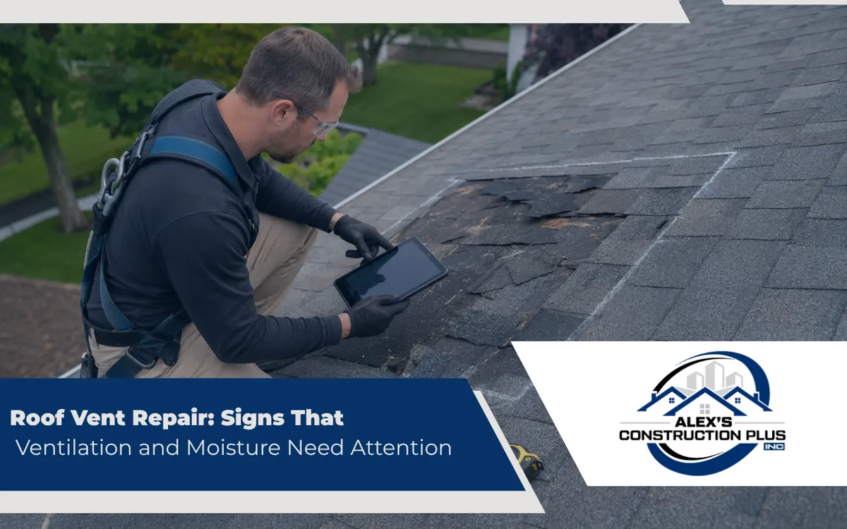 Roof vent repair addressing damaged flashing around a residential penetration
