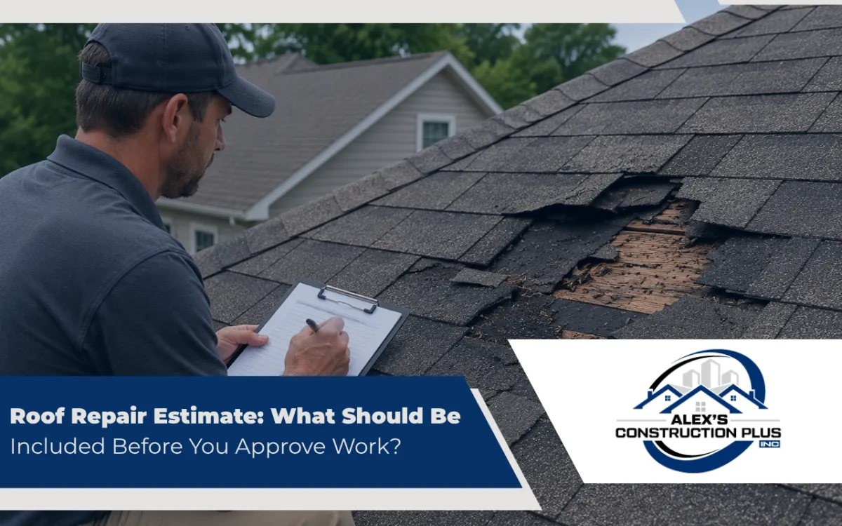 Roof repair estimate prepared after inspecting damaged roofing materials