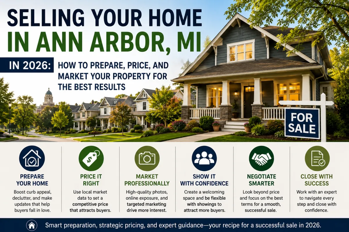 Beautiful home in Ann Arbor, MI with a for-sale sign illustrating home preparation, pricing, and marketing strategies for selling in 2026.