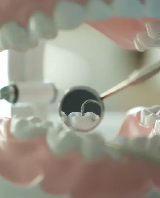 Close-up of a dental restoration being examined using specialised dental instruments and magnification.