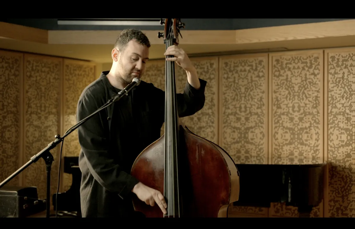 Cole Davis on upright bass with Aaron Seeber on drums, in the studio for The Locked-In Bassist