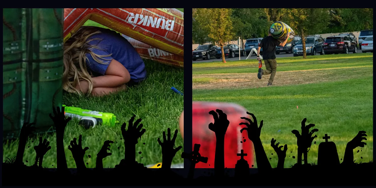Zombie Outbreak party rental: kids playing with foam-dart blasters and the decon tent