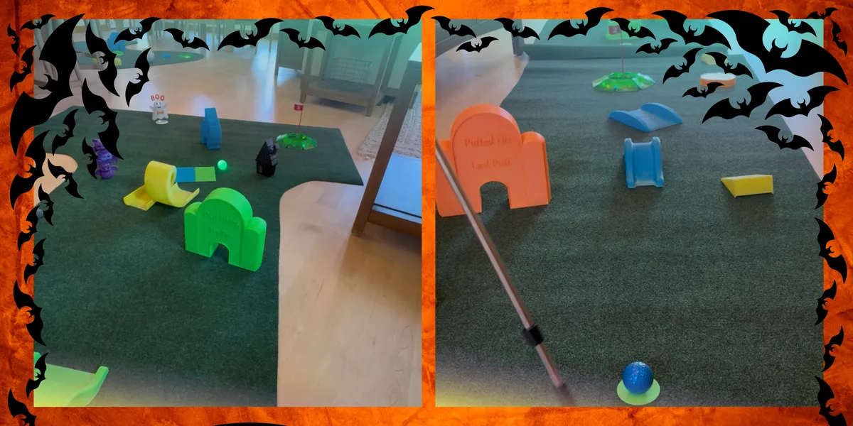 Graveyard Mini-Golf: glow course pieces and tombstone obstacles on a putting green