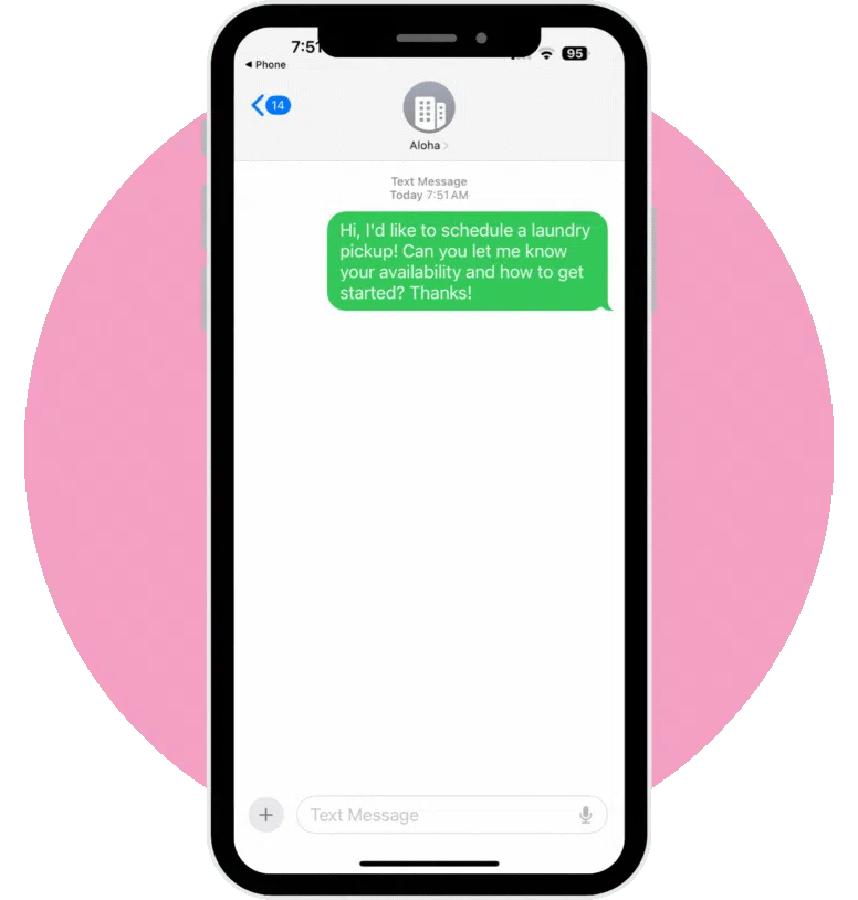 GIF demonstrating automated AI-powered laundry booking process via text – showcases inquiry, payment, and pickup scheduling seamlessly through Aloha Laundry Life software for effortless laundry pickup and delivery automation.