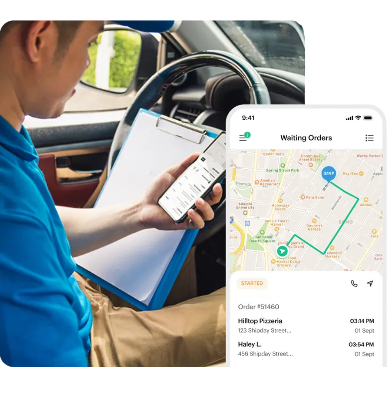 Image of a driver in a car using a mobile phone with a picture-in-picture overlay showing Aloha Laundry Life's driver app displaying live order tracking in real-time, illustrating AI-powered dispatch and route optimization for efficient laundry delivery management.