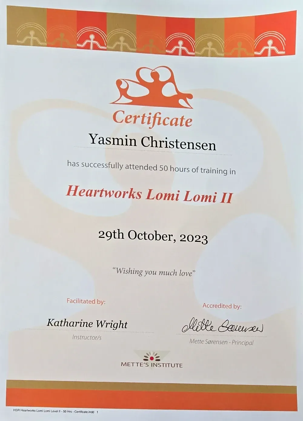 Hawaiian Heartworks Lomi Lomi II certificate