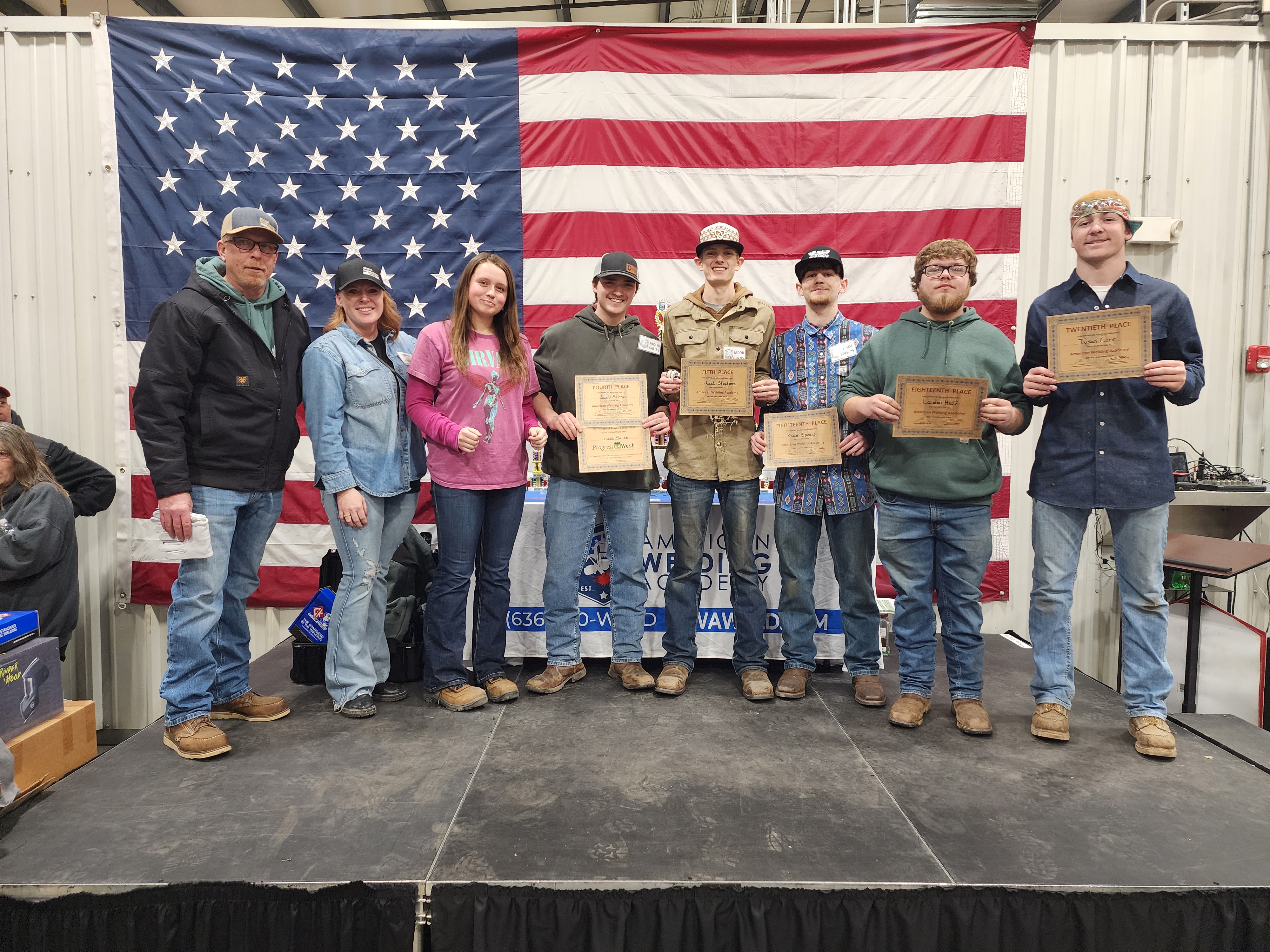 Group of students learning welding in a workshop.