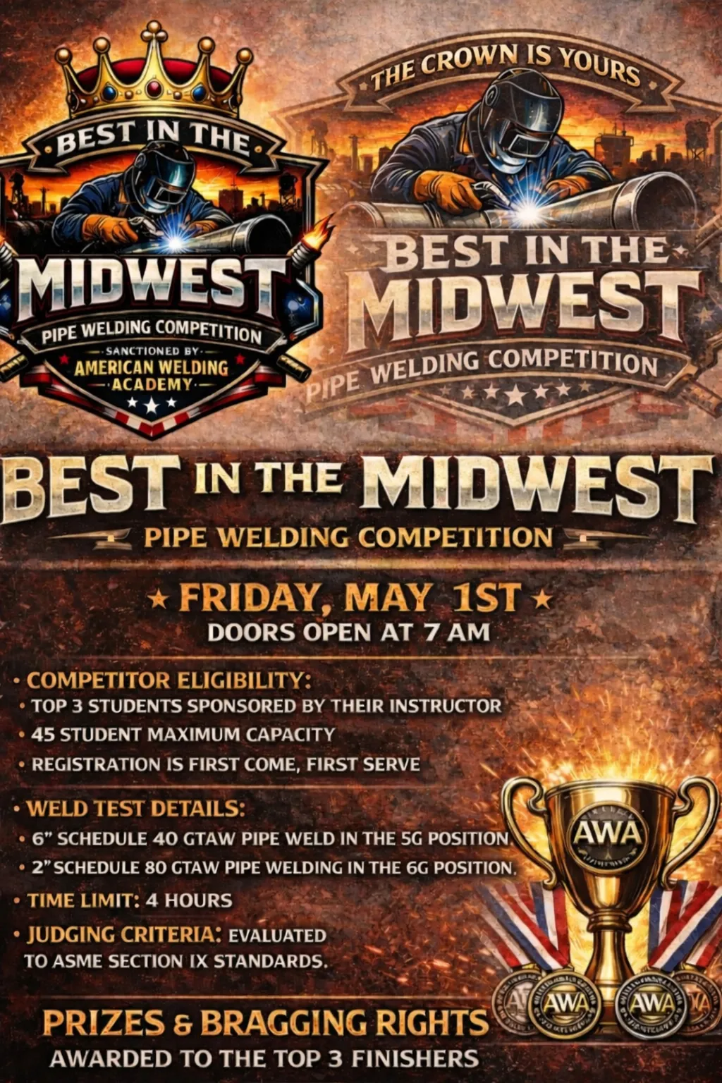 Poster for the American Welding Academy’s 7th Annual High School Senior Welding Competition on February 7, 2026, featuring event details, registration info, QR code, prizes, and required tool list.