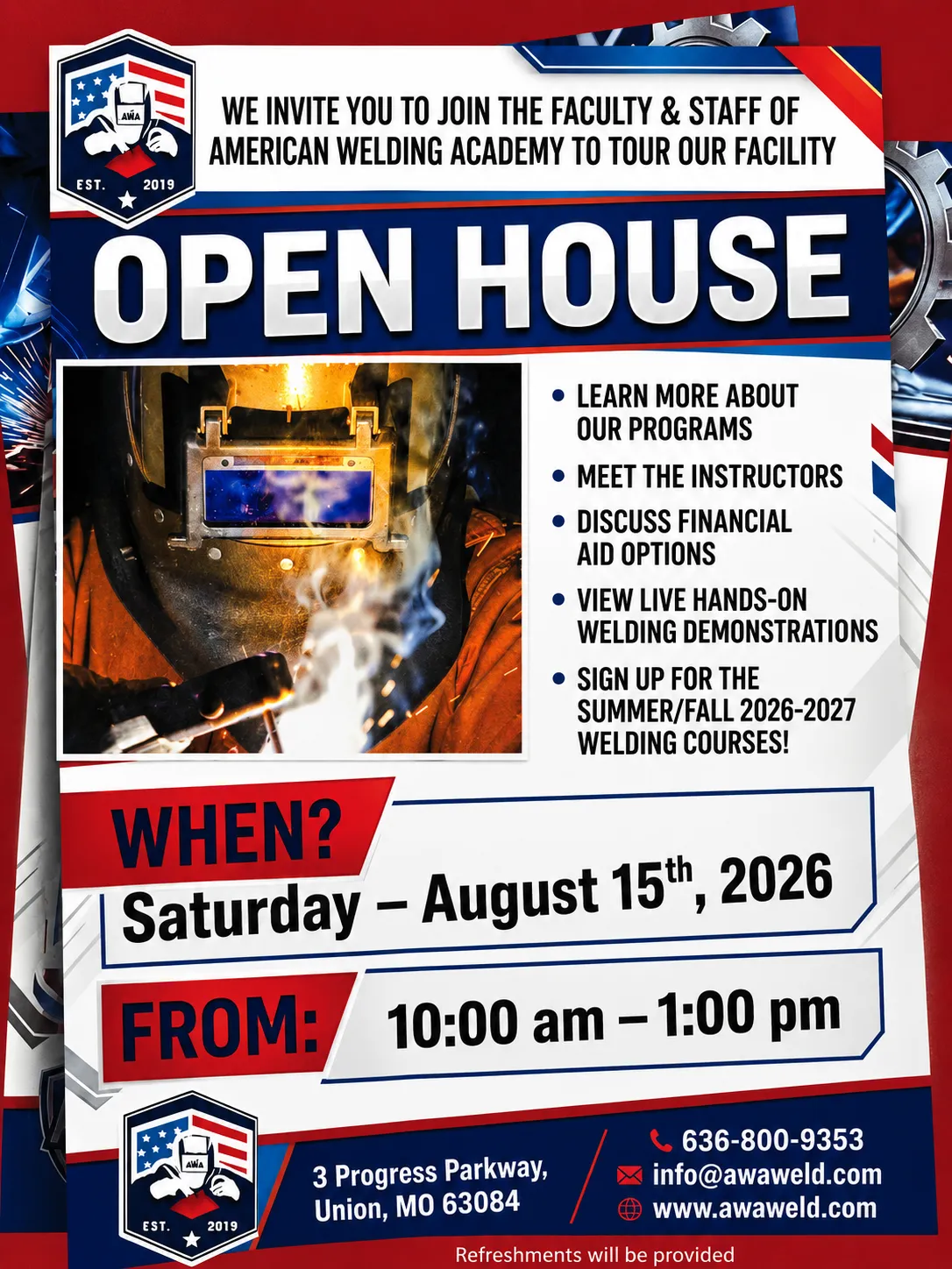 Poster for the American Welding Academy’s 7th Annual High School Senior Welding Competition on February 7, 2026, featuring event details, registration info, QR code, prizes, and required tool list.