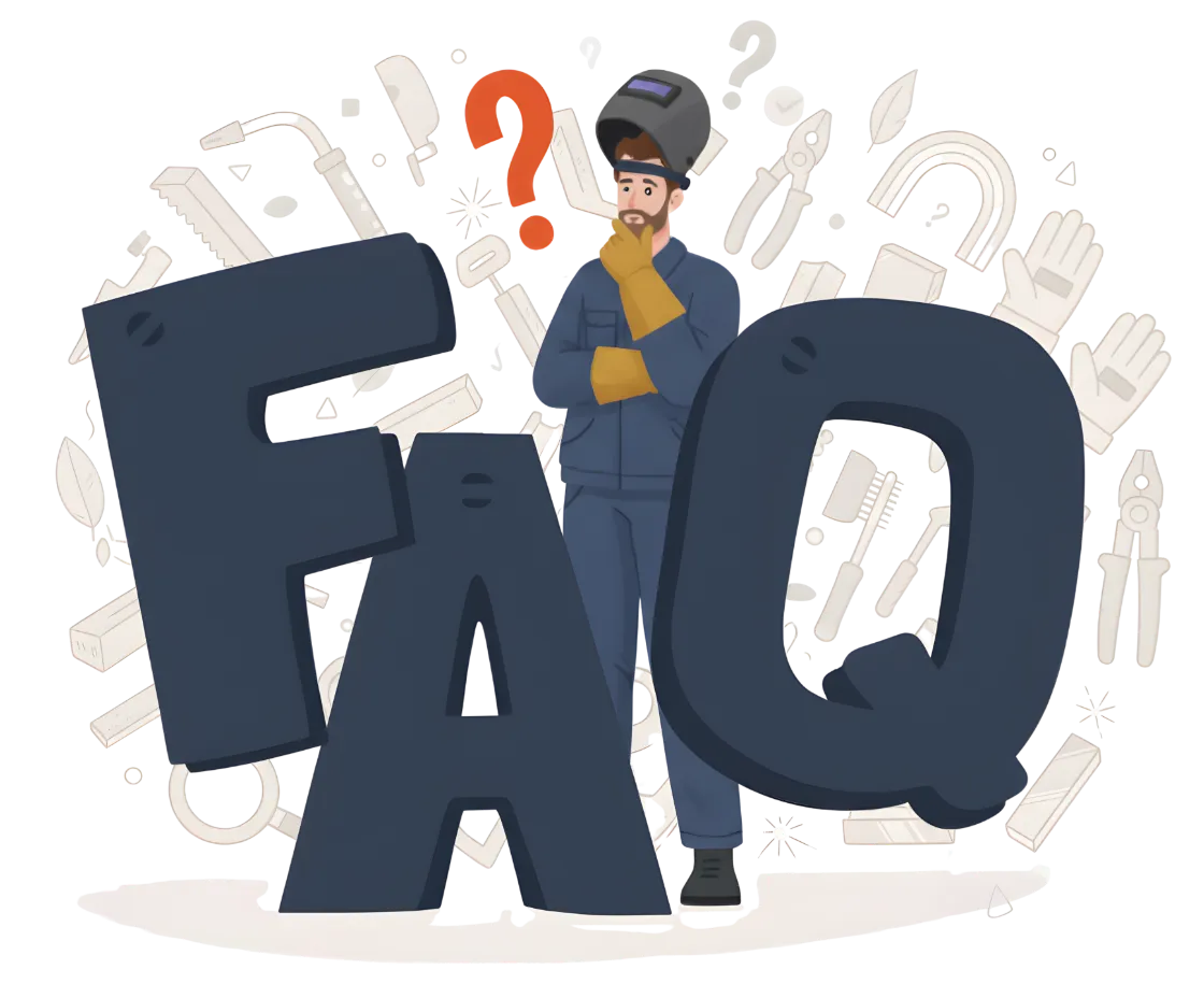 Illustration of a welder standing beside large “FAQ” letters with tools and question marks in the background.